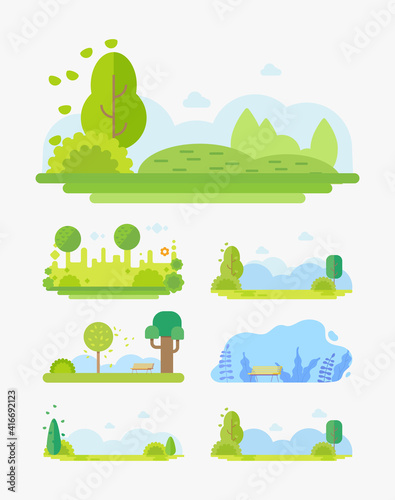City Park landscape flat vector cartoon illustration set