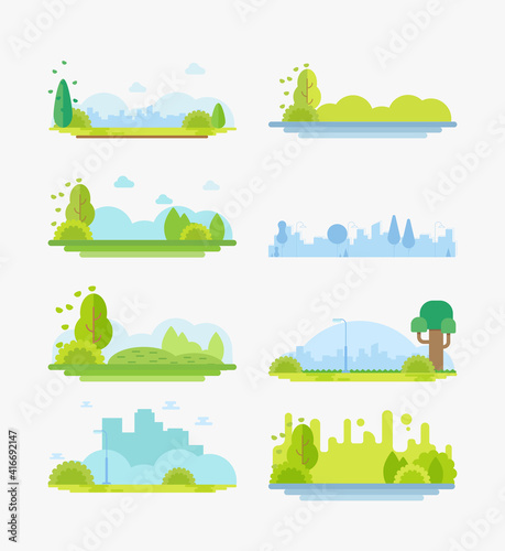 City Park landscape flat vector cartoon illustration set