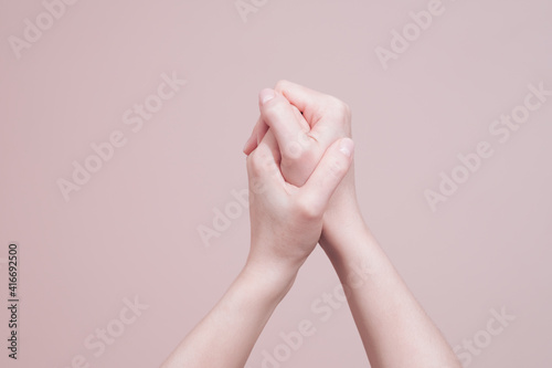 Praying hands gesture. Hand signs communication concept with copy space