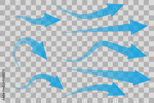 Set of transparent blue arrows showing air flow isolated on transparent background. Flat style. Vector