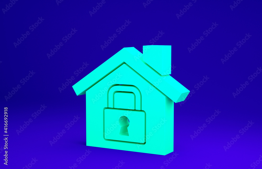 Green House under protection icon isolated on blue background. Home and lock. Protection, safety, security, protect, defense concept. Minimalism concept. 3d illustration 3D render. Green House under protection icon isolated on blue background. Home and lock. Protection, safety, security, protect, defense concept. Minimalism concept. 3d illustration 3D render.