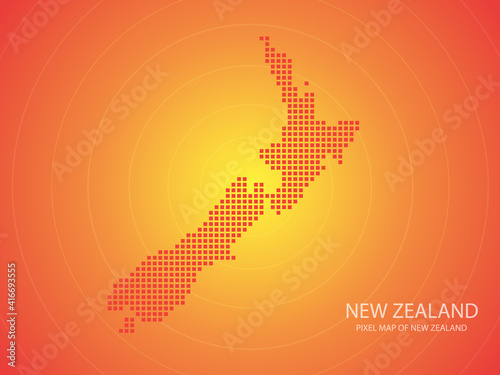 Orange pixel map of new zealand on orange background. Vector illustration.