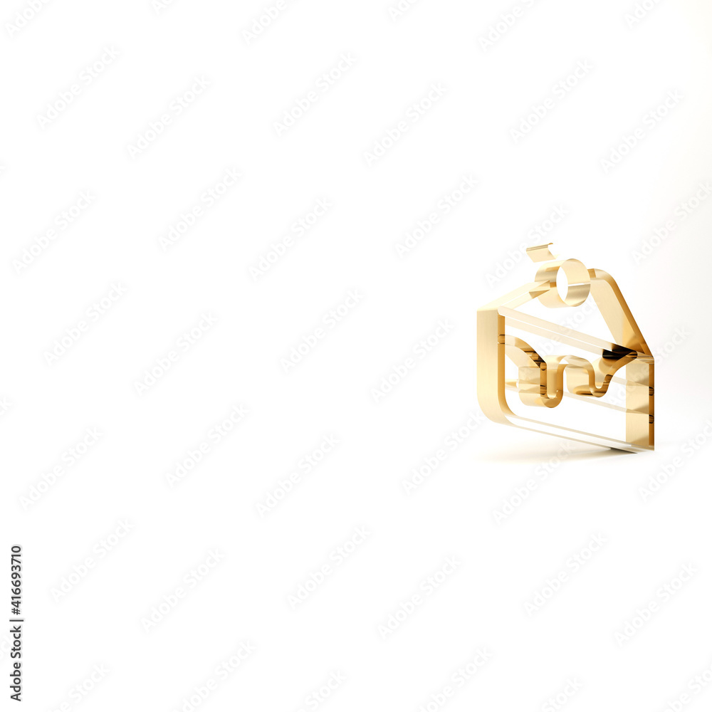 Gold Piece of cake icon isolated on white background. Happy Birthday. 3d illustration 3D render. Gold Piece of cake icon isolated on white background. Happy Birthday. 3d illustration 3D render.