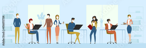 Employees in masks working in open plan office. Vector illustration.