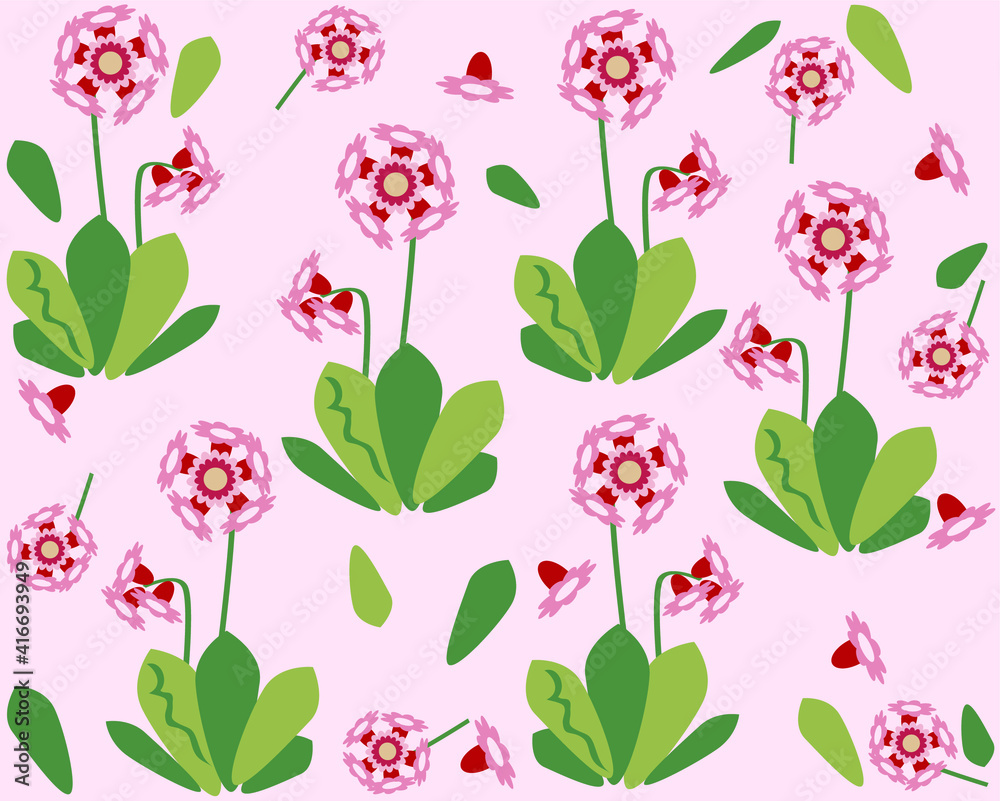 Plant pattern with pink primrose flowers