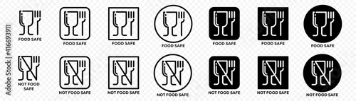 Food grade vector icons set. Wine glass and fork symbols.Icon for safe and non-safe use with food products. Vector illustration.