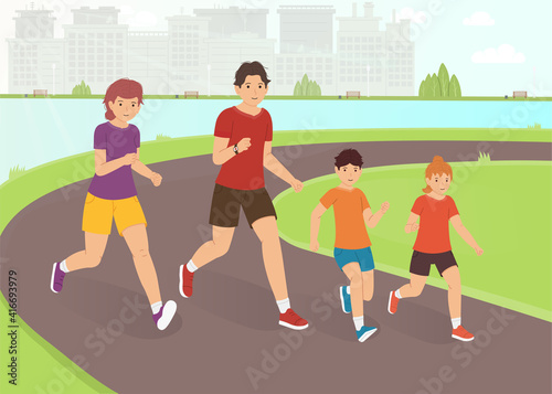 Family jogging in the park. A happy family leads an active lifestyle. Outdoor activity vector illustration