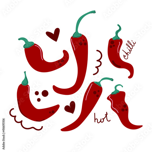 Hand drawn red hot chilli peppers, cute and modern flat illustration.