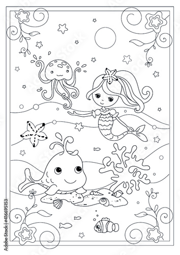 Black and White Cartoon llustrations of Funny Sea Life Animals, Mermaid  and Fish Mascot Characters Group for Children for Coloring Book