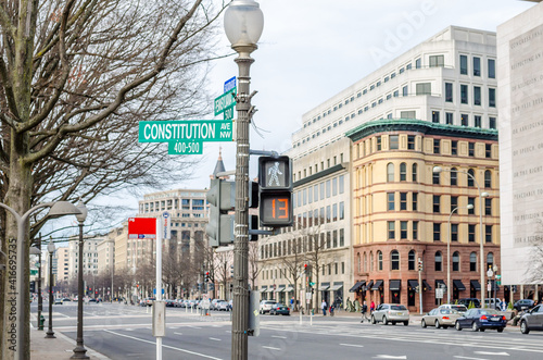 Traffic Lights in Constitution Avenue in Downtown Washington DC, USA Urban Street Photography