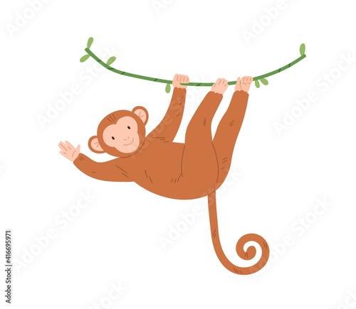 Cute baby monkey hanging on tree branch, swinging and waving with paw. Colored flat vector illustration of smiling and playing animal character isolated on white background