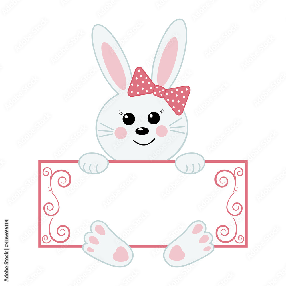 Obraz premium Cute bunny character with greeting card, vector isolated illustration in flat style