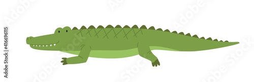 Cute friendly crocodile. Side view of happy smiling alligator isolated on white background. African wild baby gator. Childish colored flat cartoon vector illustration