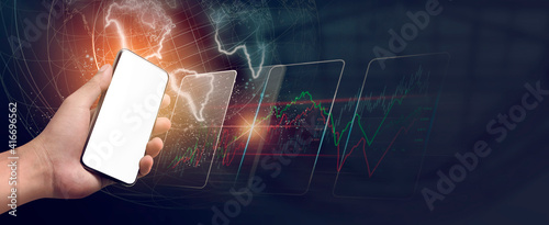 Digital of Virtual marketing in situations with Business and Finance networking on interface online in 3D illustration. Data graph on dark background. of free space for your  texts.
