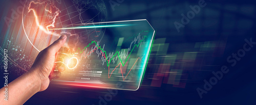 Digital of Virtual marketing in situations with Business and Finance networking on interface online in 3D illustration. Data graph on dark background. of free space for your  texts.