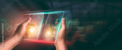 Digital of Virtual marketing in situations with Business and Finance networking on interface online in 3D illustration. Data graph on dark background. of free space for your  texts.
