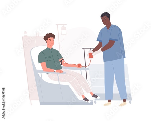 Doctor collecting blood from volunteer sitting in chair. Donor during donating procedure in hospital. Completion of donation process. Colored flat vector illustration isolated on white background