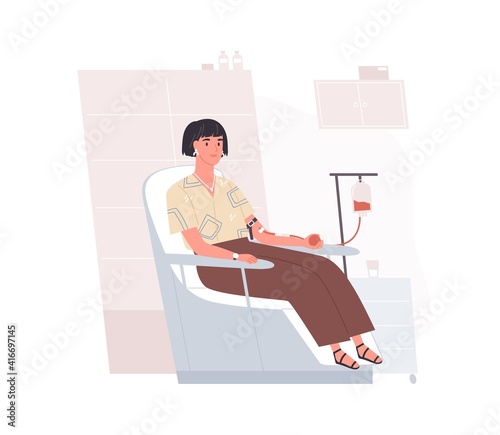 Young donor sitting in chair during blood donation process. Happy volunteer donating whole blood in modern hospital. Colored flat vector illustration isolated on white background