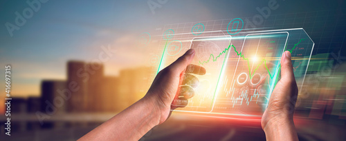 Digital of Virtual marketing in situations with Business and Finance networking on interface online in 3D illustration. Data graph on dark background. of free space for your  texts.