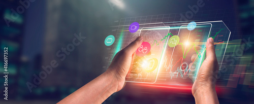 Digital of Virtual marketing in situations with Business and Finance networking on interface online in 3D illustration. Data graph on dark background. of free space for your  texts.