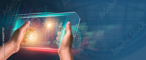 Digital of Virtual marketing in situations with Business and Finance networking on interface online in 3D illustration. Data graph on dark background. of free space for your  texts.