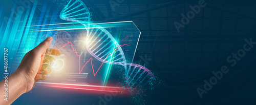 Digital of Virtual marketing in situations with Business and Finance networking on interface online in 3D illustration. Data graph on dark background. of free space for your  texts.