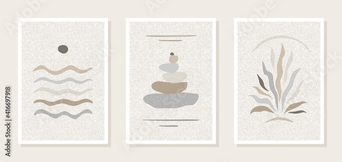 Set of three posters, wall paintings. Abstract images of the sea, water, sun, pyramid of stones, plants. Soft pastel colors, beige, light brown, gray. Linen canvas texture. Interior decoration. Vector