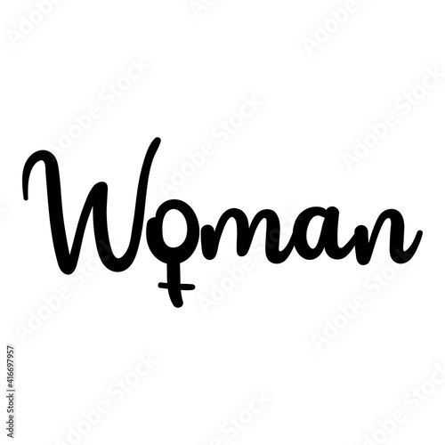Logotipo con texto manuscrito Woman con o con forma de símbolo femenino escrito a mano en color negro