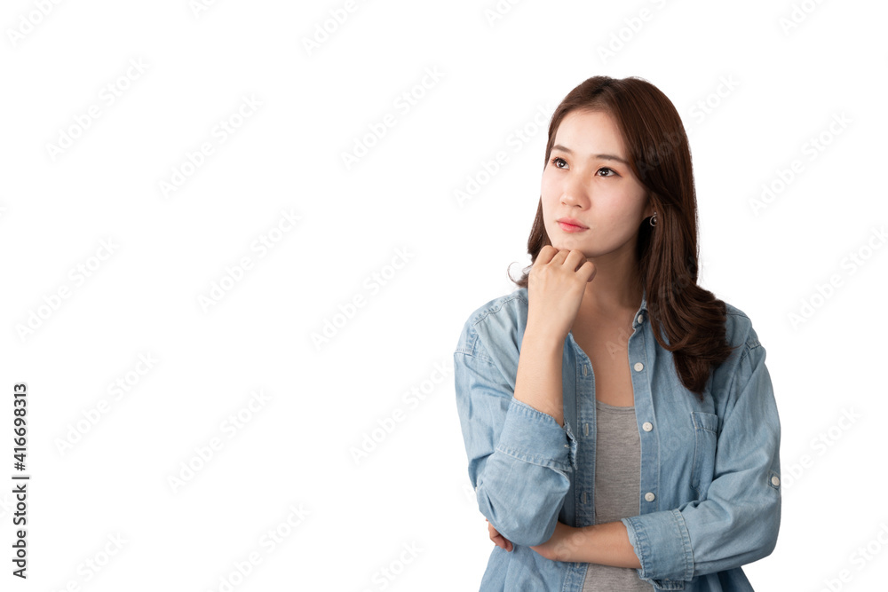 Front view a young designer Asian entrepreneur woman in a casual blue shirt, thinking And Daydreaming for future over white background. New Generation Global entrepreneur and vision concept Front view a young designer Asian entrepreneur woman in a casual blue shirt, thinking And Daydreaming for future over white background. New Generation Global entrepreneur and vision concept