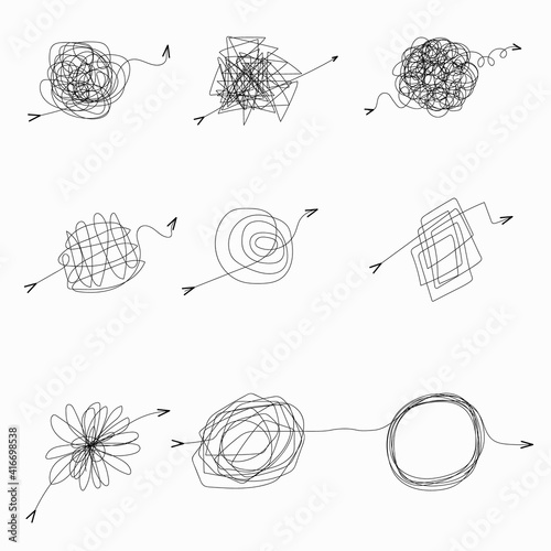 chaos is a tangle. Different kinds of tangled lines. Search for a way out, confusion of thoughts, search for a way out of the current situation, vector