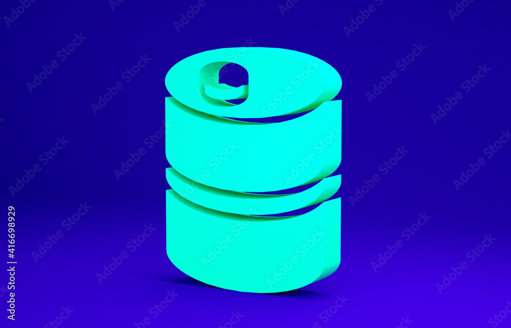 Green Metal beer keg icon isolated on blue background. Minimalism concept. 3d illustration 3D render. Green Metal beer keg icon isolated on blue background. Minimalism concept. 3d illustration 3D render.