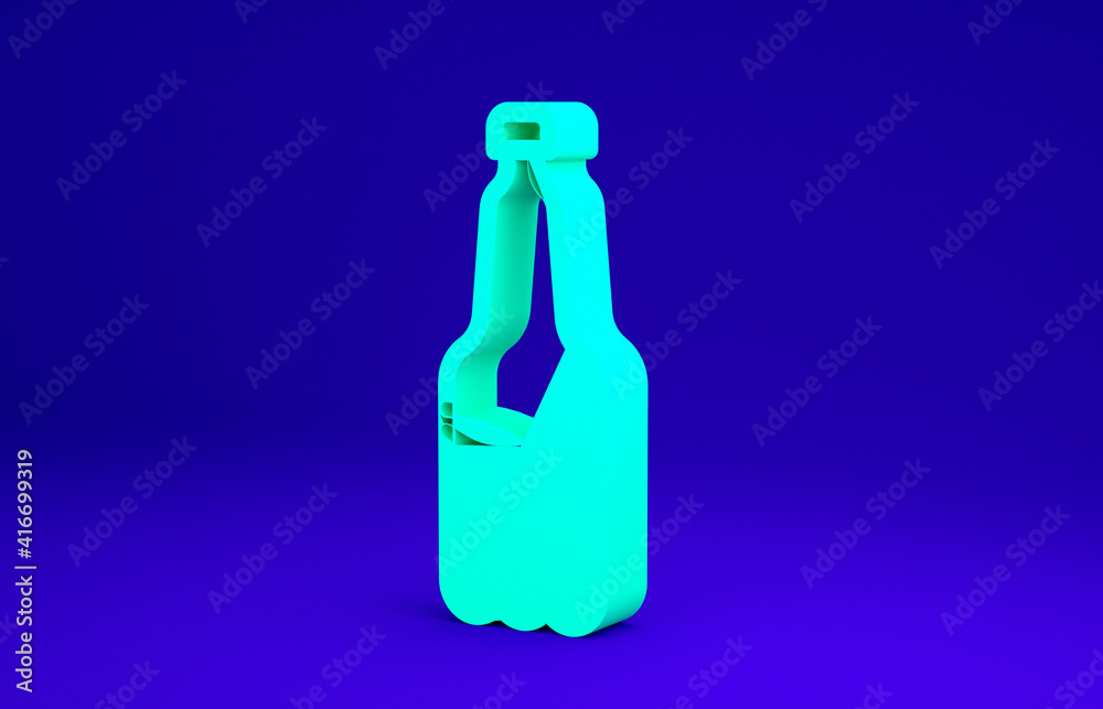 Green Plastic beer bottle icon isolated on blue background. Minimalism concept. 3d illustration 3D render.