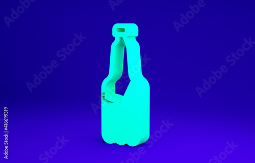 Green Plastic beer bottle icon isolated on blue background. Minimalism concept. 3d illustration 3D render.