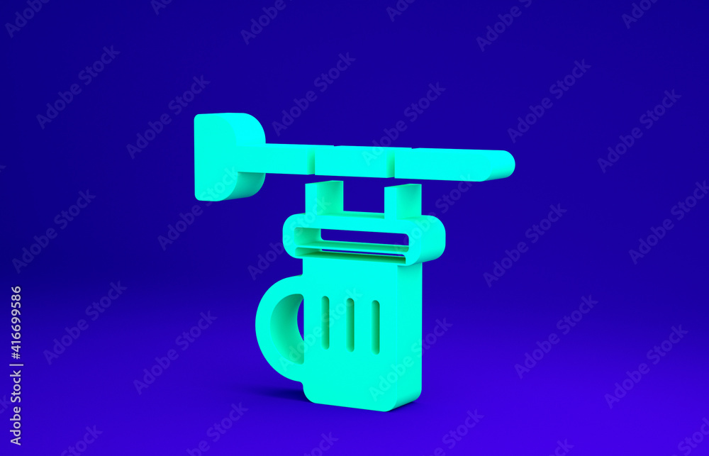 Green Street signboard with glass of beer icon isolated on blue background. Suitable for advertisements bar, cafe, pub, restaurant. Minimalism concept. 3d illustration 3D render. Green Street signboard with glass of beer icon isolated on blue background. Suitable for advertisements bar, cafe, pub, restaurant. Minimalism concept. 3d illustration 3D render.