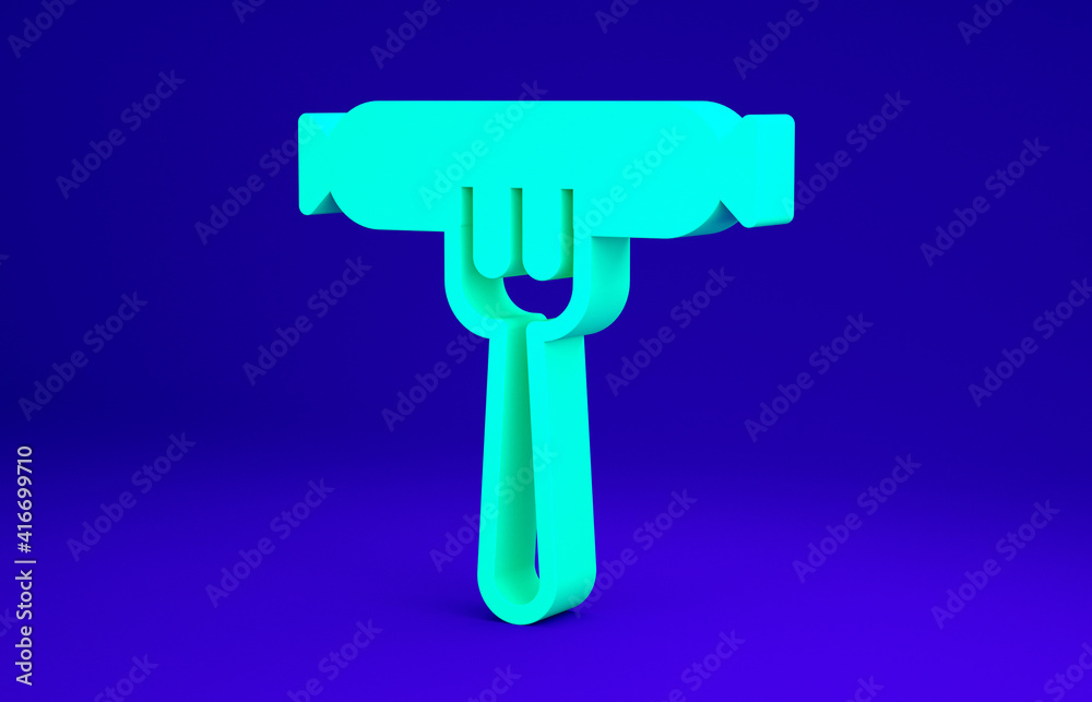 Green Sausage on the fork icon isolated on blue background. Grilled sausage and aroma sign. Minimalism concept. 3d illustration 3D render. Green Sausage on the fork icon isolated on blue background. Grilled sausage and aroma sign. Minimalism concept. 3d illustration 3D render.
