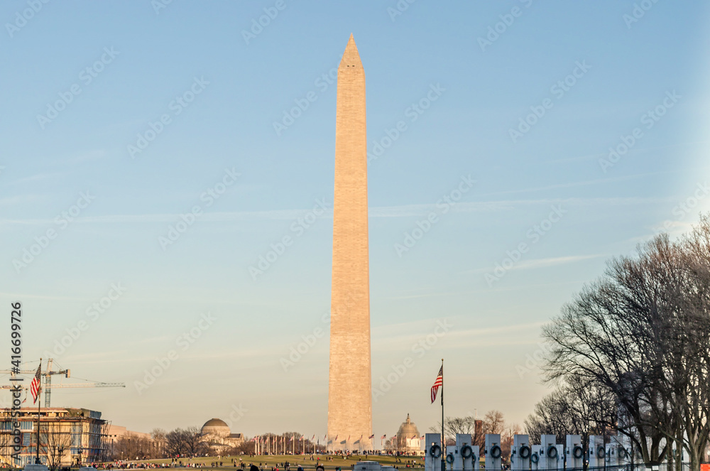 The Washington Monument at Sunset. An Obelisk within the National Mall in Washington DC, USA