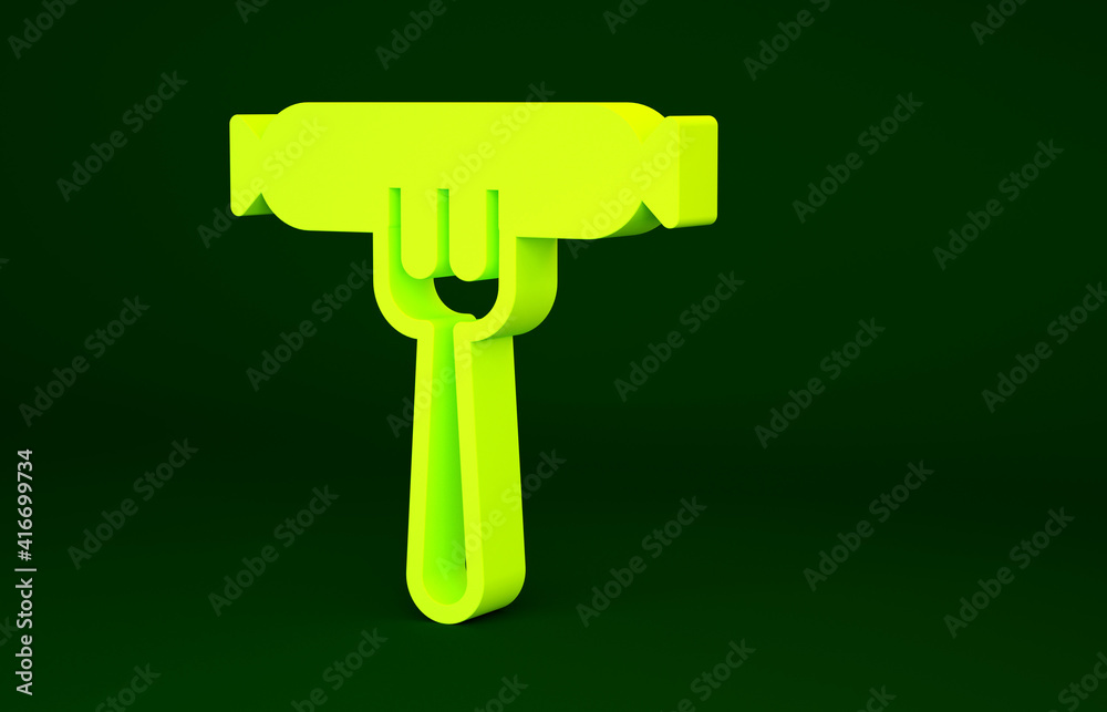 Yellow Sausage on the fork icon isolated on green background. Grilled sausage and aroma sign. Minimalism concept. 3d illustration 3D render. Yellow Sausage on the fork icon isolated on green background. Grilled sausage and aroma sign. Minimalism concept. 3d illustration 3D render.