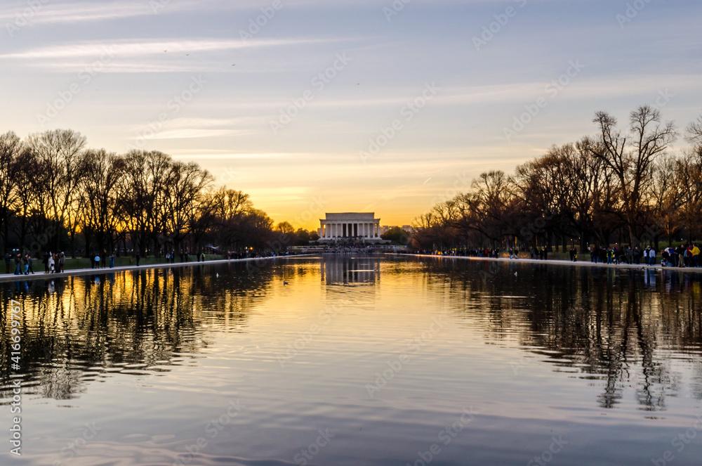 Lincoln Memorial and Reflecting Pool at Sunset in Washington DC, Virginia, USA. Beautiful Sky Colors