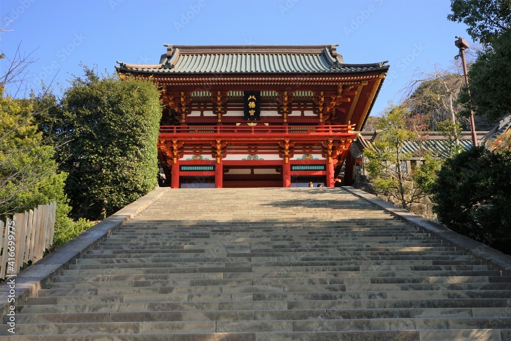 Red architecture, Main Hall (Jogu) at Tsurugaoka Hachimangu Shrine in Kamakura, Kanagawa prefecture, Japan - 鎌倉 鶴岡八幡宮 本宮 Red architecture, Main Hall (Jogu) at Tsurugaoka Hachimangu Shrine in Kamakura, Kanagawa prefecture, Japan - 鎌倉 鶴岡八幡宮 本宮