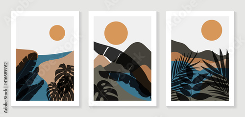 Mountain and Botanical wall art vector set. Earth tones landscapes wallpaper. Oasis Tropical backgrounds collection with mountain, sand, palm,Twigs leaf, moon or sun. Vector illustration.