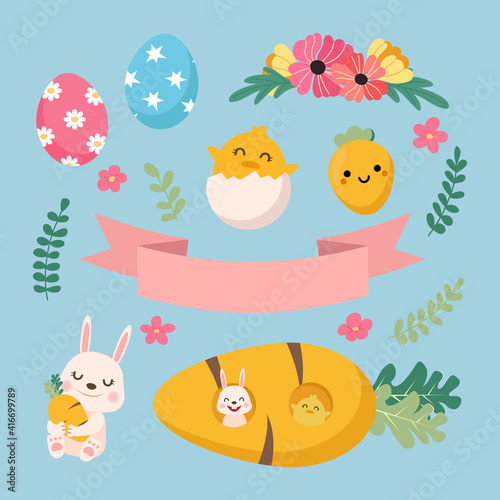 Cute spring bunny and chick clip art collection set. Happy easter elements clip art. Flat vector cartoon design.