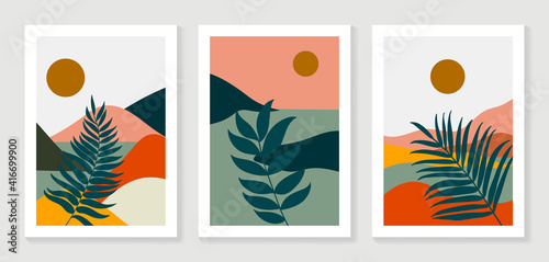Mountain and Botanical wall art vector set. Earth tones landscapes wallpaper. Oasis Tropical backgrounds collection with mountain, sand, palm,Twigs leaf, moon or sun. Vector illustration.