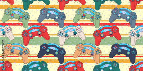 Vector Seamless Retro pattern with joysticks. Video game controller gaming cool print for boys and girls. Print for textiles, sportswear.