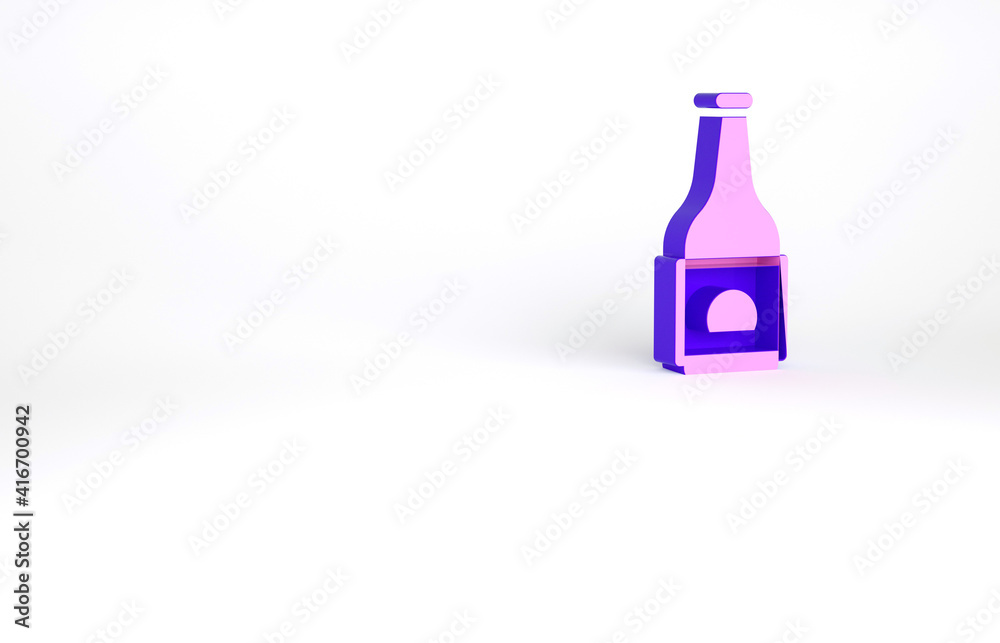 Purple Beer bottle icon isolated on white background. Minimalism concept. 3d illustration 3D render. Purple Beer bottle icon isolated on white background. Minimalism concept. 3d illustration 3D render.
