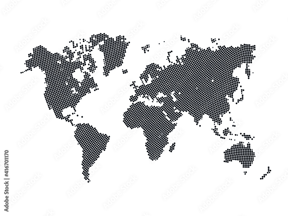 Obraz premium Halftone world map isolated. Vector illustration. Dotted map in flat design. 