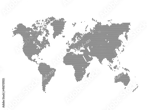 Halftone world map isolated. Vector illustration. Dotted map in flat design. 