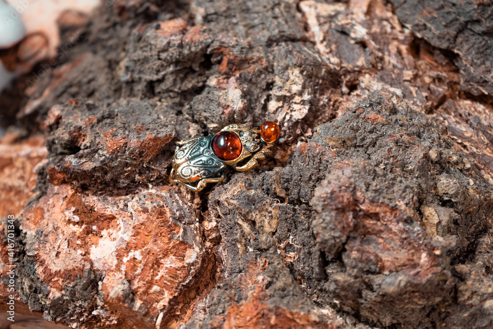 Bronze beetle in the background of a tree close-up Bronze beetle in the background of a tree close-up
