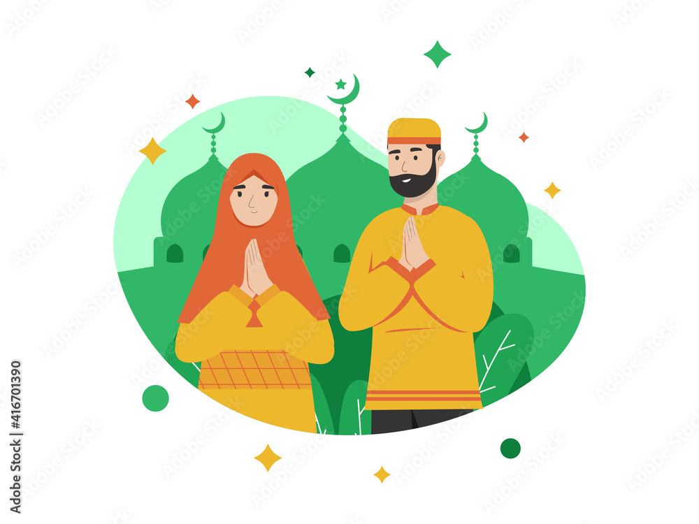 Illustration Vector Graphic of Ramadan greeting from husband and wife in the month of Ramadan start
