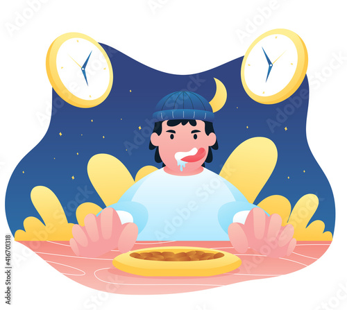 Illustration Vector Graphic of A child muslim is impatient to wait for the iftar time and break the fast.