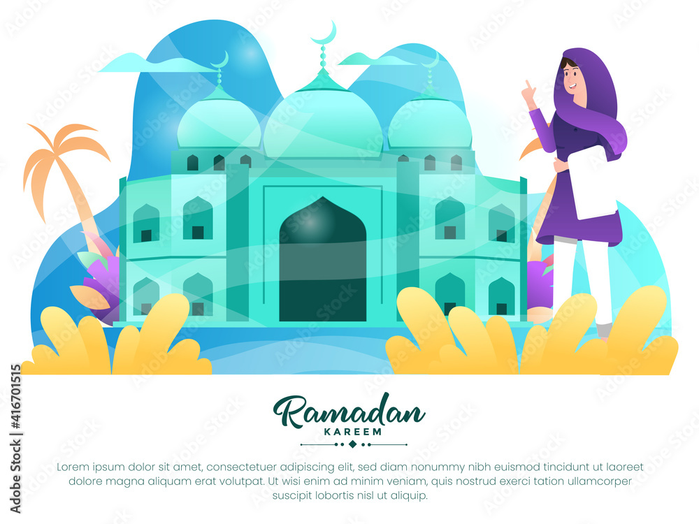 Illustration Vector Graphic of A Muslim woman goes to the mosque to perform the Eid Mubarak prayers